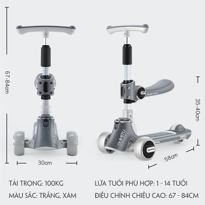 Xe scooter cho bé từ 1-14 tuổi chịu lực 10Kg Nghe nhạc, đèn phát sáng thiết kế chống lật