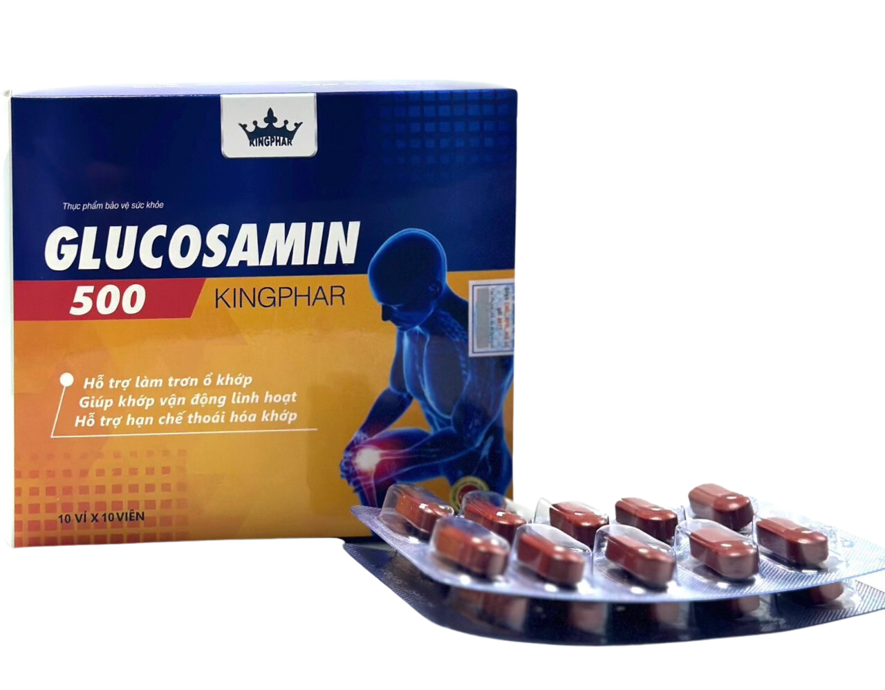 Viên uống bổ khớp Glucosamin 500 Kingphar, hộp 100v, hỗ trợ các vấn đề về xương khớp