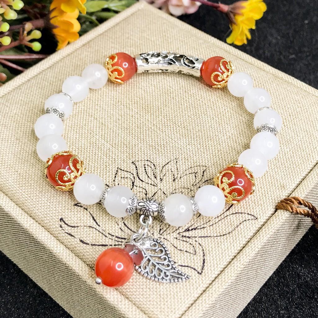 Vòng Tay Phong Thủy Mệnh Kim - Vòng Tay Nữ Mã Não Trắng 8mm Mix Hoa Văn Độc Đáo 2019 V358-8