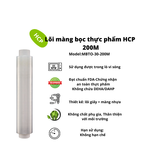 Lõi màng bọc thực phẩm HCP 30cm x 200m - Chất liệu hạt nhựa PE nguyên sinh- Không chứa chất phụ gia gây hại -Không chứa DEHA/DAHP- Sử dụng được trong lò vi sóng-Dùng bảo quản thực phẩm trong tủ đông trong nhiều giờ tốt- Thân thiện với môi trường