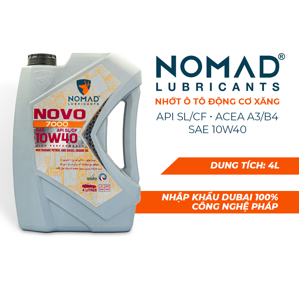 Dầu nhớt động cơ xăng cho ô tô, xe tải - NOMAD NOVO 7000 SAE 10W40, API SL/CF, ACEA A3/B4 can 4L - Dầu Nhớt Dubai nhập khẩu 100%