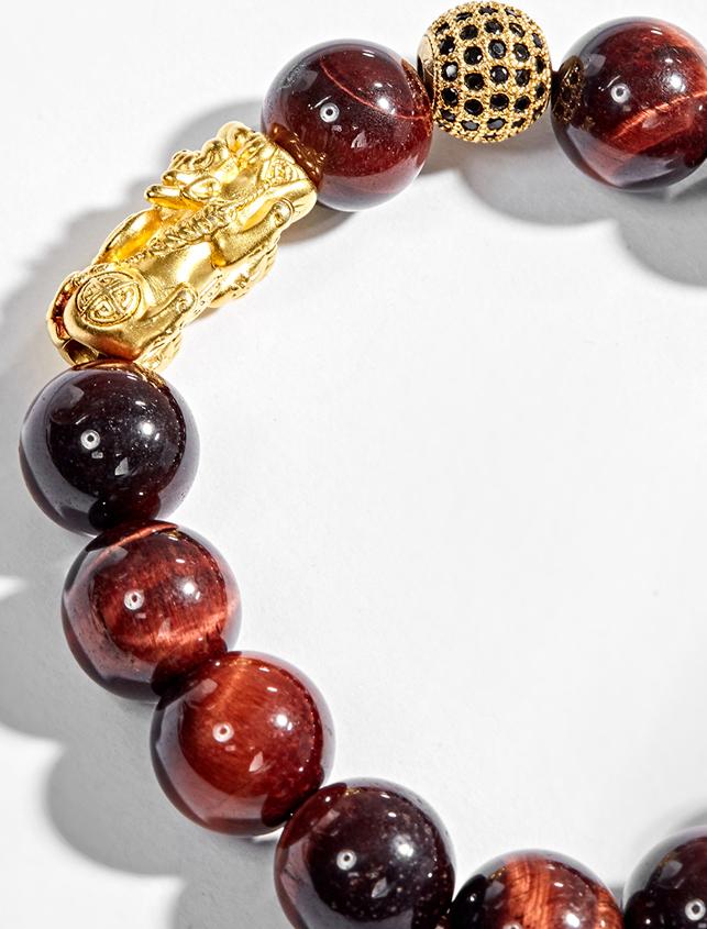 Vòng Tay Nam Đá Mắt Hổ Nâu Đỏ Phối Tỳ Hưu Bạc Mạ Vàng 24K Ngọc Quý Gemstones
