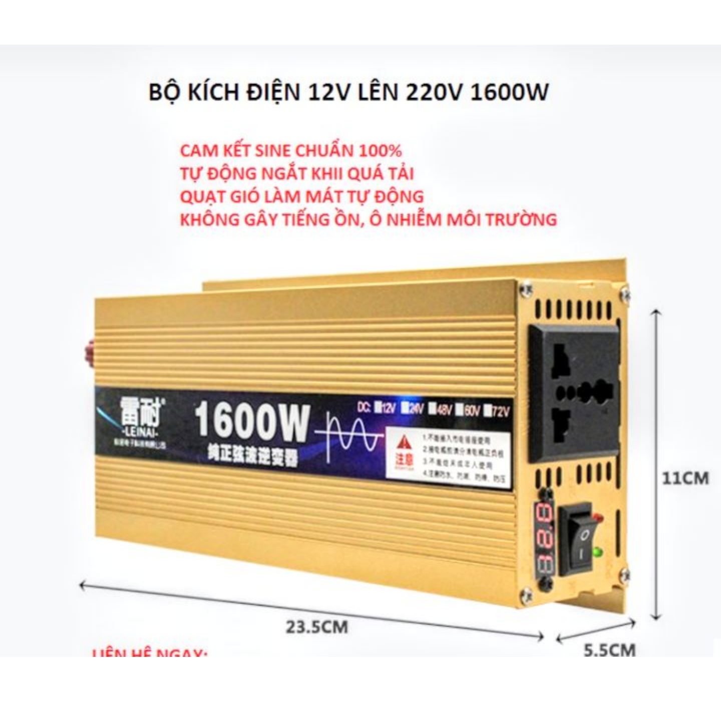 BỘ MÁY PHÁT ĐIỆN KÍCH ĐIỆN DC12V LÊN VAC 220V CÔNG XUẤT CAO 1600W SÓNG SIN CHUẨN SỬ DỤNG NHƯ ĐIỆN LƯỚI HÀNG LOẠI TỐT