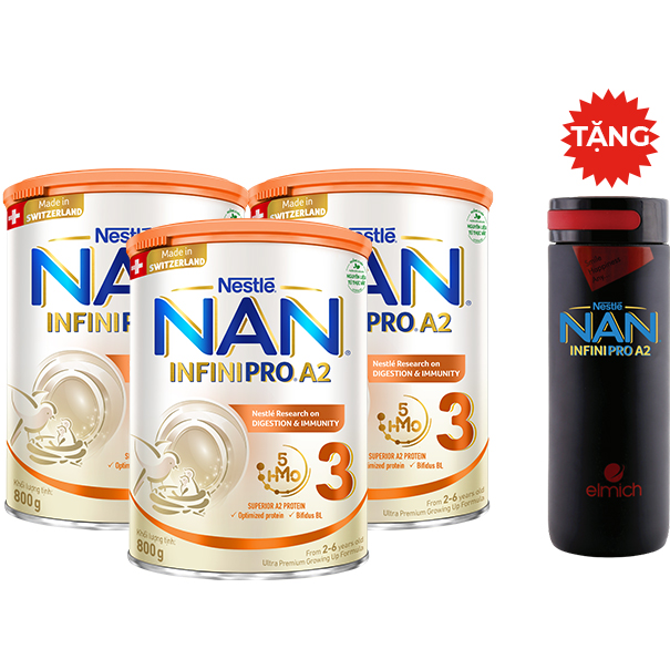 Combo 3 Lon Sữa Bột Nestlé NAN INFINIPRO A2 3 Cho Trẻ Từ 2-6 Tuổi Hộp 800g - Tặng Bình Giữ Nhiệt Elimch