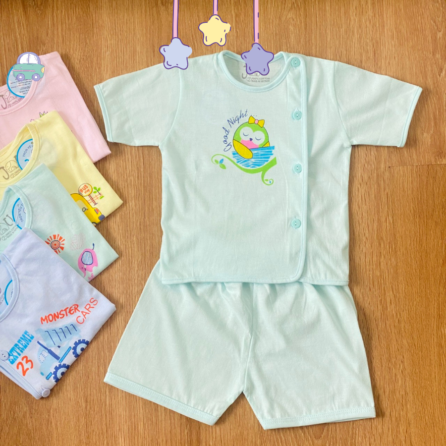 COMBO 3 Bộ quần áo sơ sinh cotton J-FR GGY | Mẫu Tay NGẮN Cài Lệch Màu Nhạt | Size 1 -3 cho bé sơ sinh -9 kg
