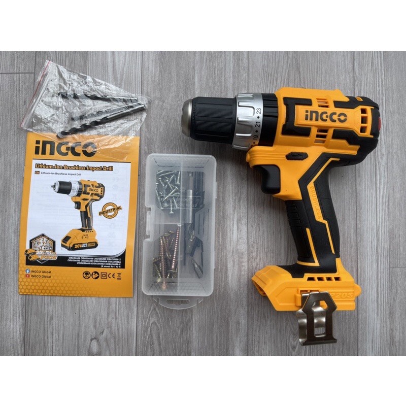 Máy khoan búa không chổi than dùng pin Lithium-Ion CIDLI20608 hiệu INGCO đi kèm với pin và bộ sạc