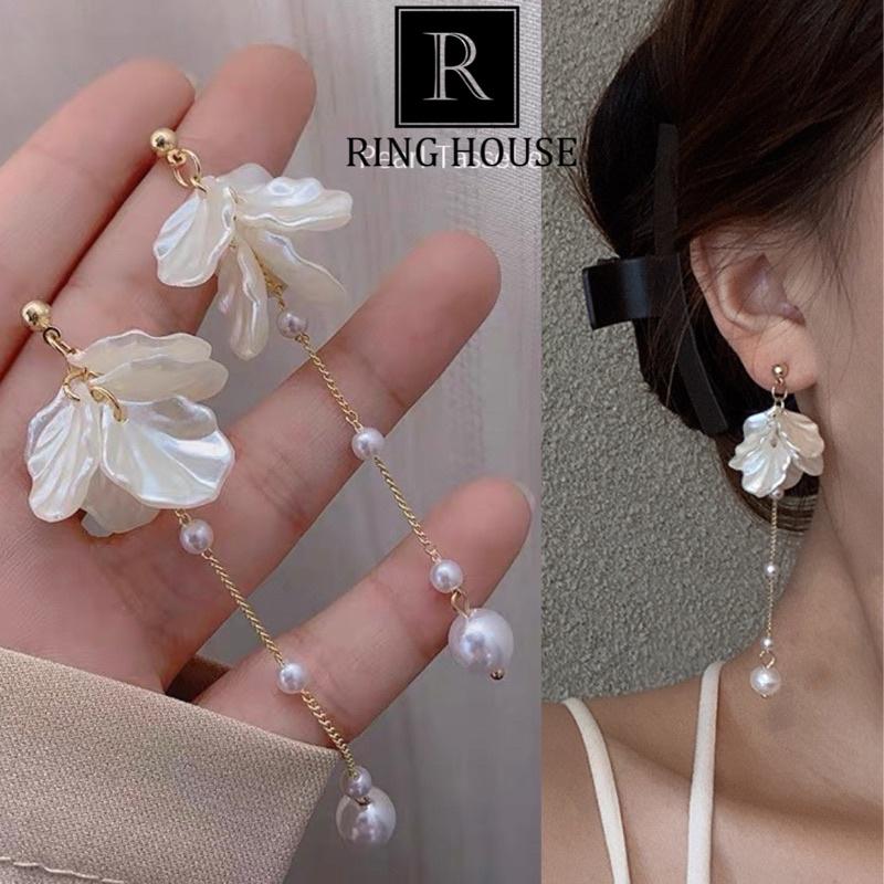 (Chuôi bạc 925) Bông tai khuyên tai nữ hoa trắng cô dâu đẹp Ring House