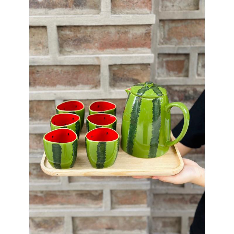 Bộ bình nước bình trà gốm Bát tràng hoạ tiết dễ thương hình hoa, dưa hấu - Bình 1 lít + cốc 180ml - Gốm sứ Bát tràng