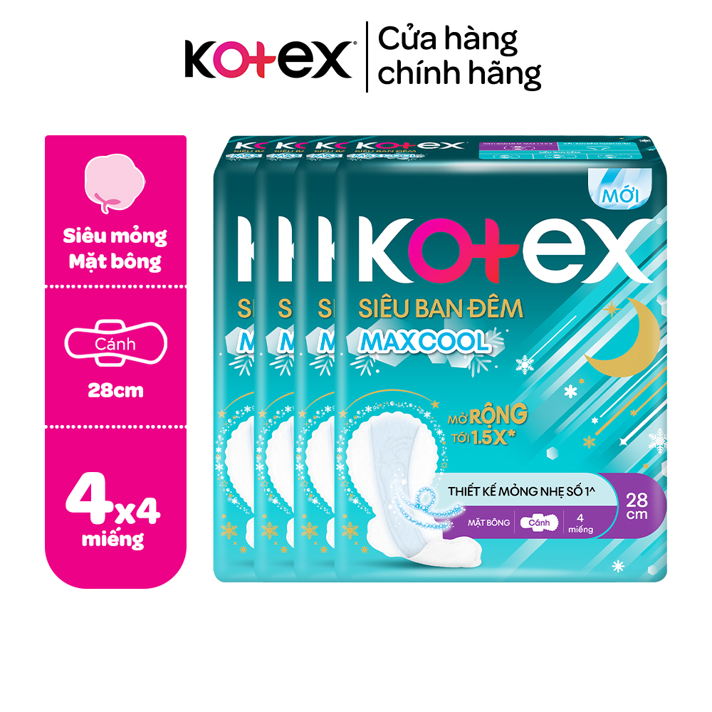 Combo 4 gói băng vệ sinh Kotex ban đêm cool mặt lưới 4 miếng 28 cm siêu mỏng cánh