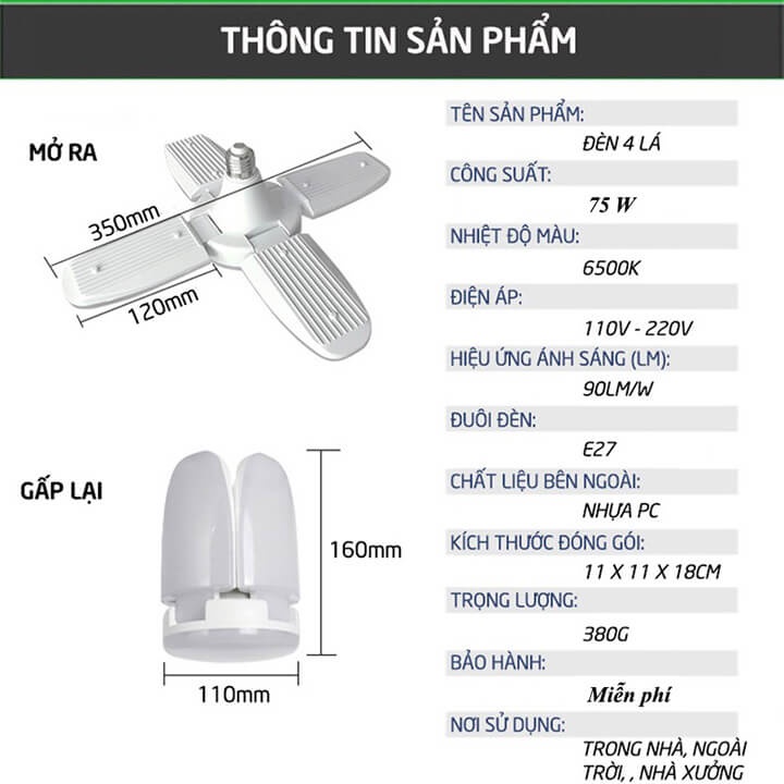 Bóng đèn led 4 cánh hình cánh quạt siêu sáng công xuất 75w đuôi E27 - hàng chuẩn ánh sáng trắng