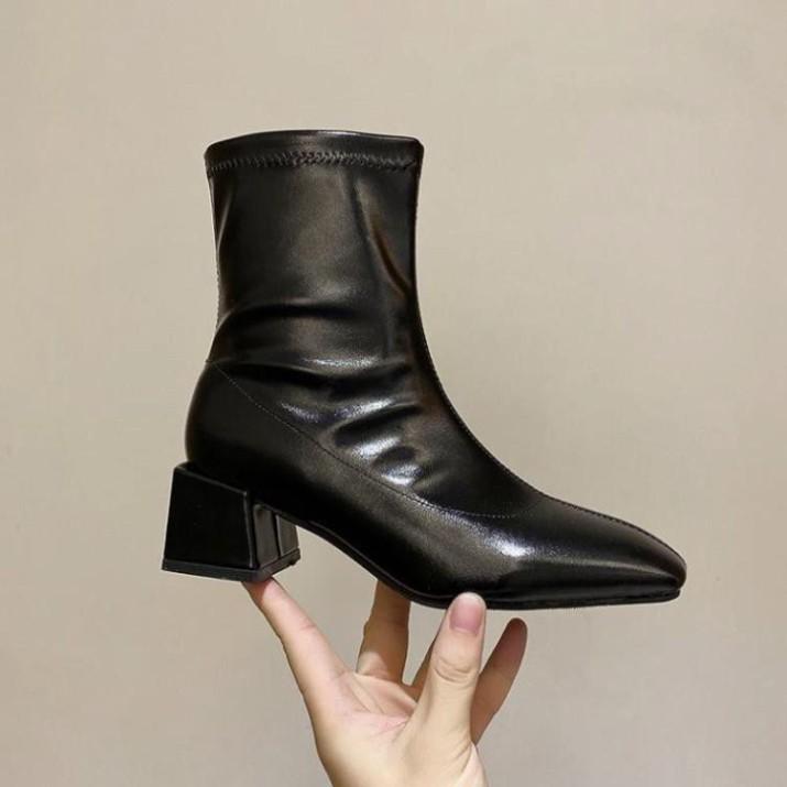 Giày Bốt Nữ Da Đế Cao - Boots Nữ Cao Gót 5p 5 Phân Màu Đen Kem Thời Trang Hàn Quốc Đi Làm Đi Học Quyến Rũ