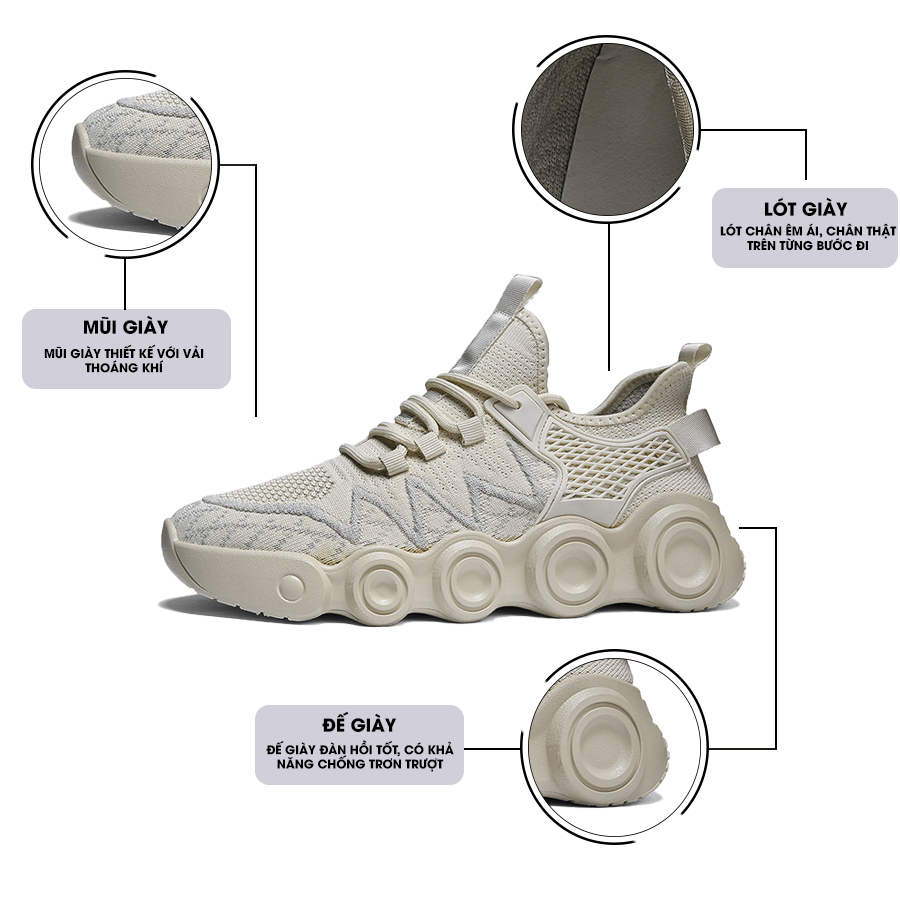 Giày Thể Thao Nam MENDO - Giày Sneaker Màu Đen - Kaki, Giày Thể Thao Vải Thoáng Khí, Đế Cao - G5120