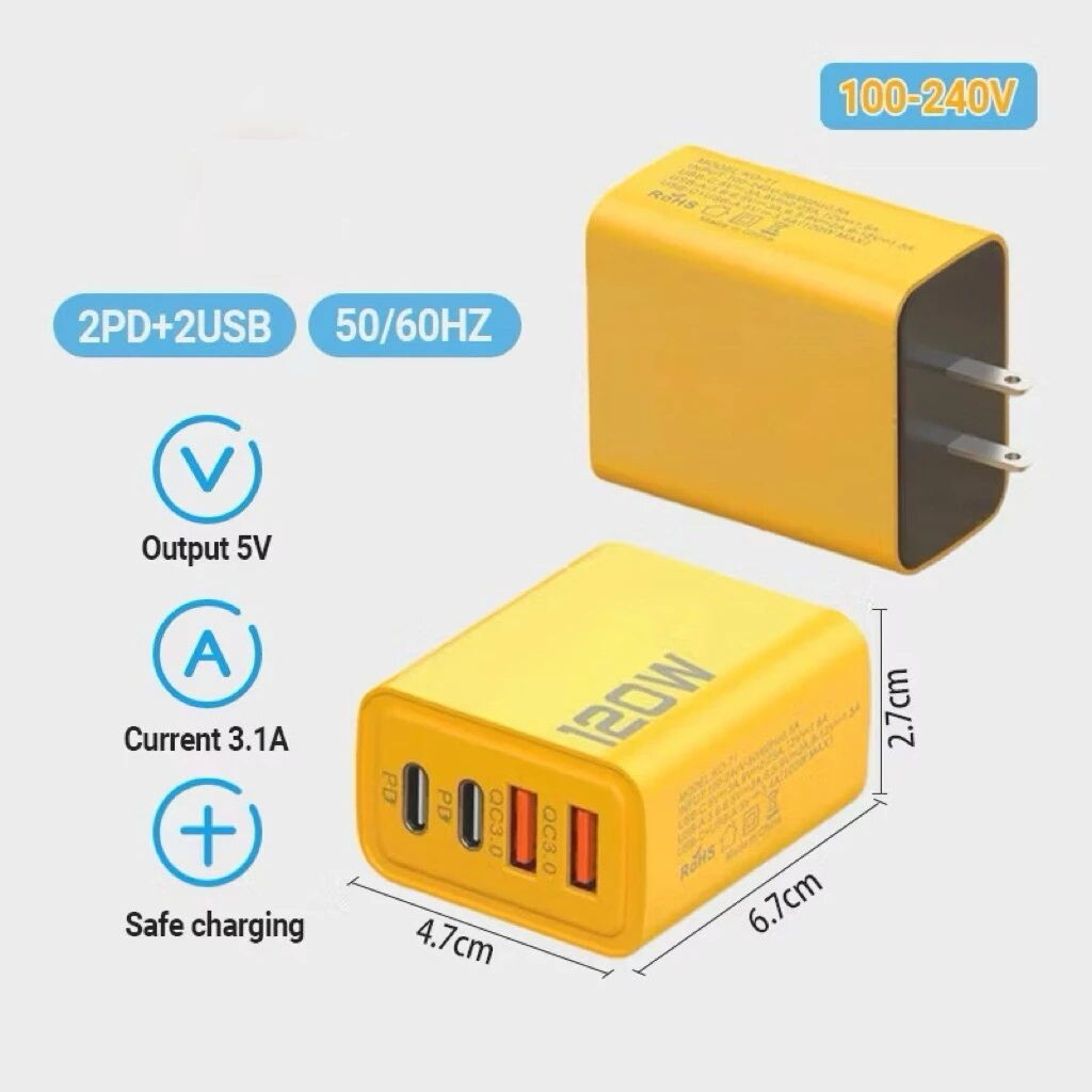 Củ Sạc Nhanh 120w đa năng gồm 2 cổng Type-C và 2 cổng USB, tặng kèm cáp 1 sạc Type C - Hàng nhập khẩu