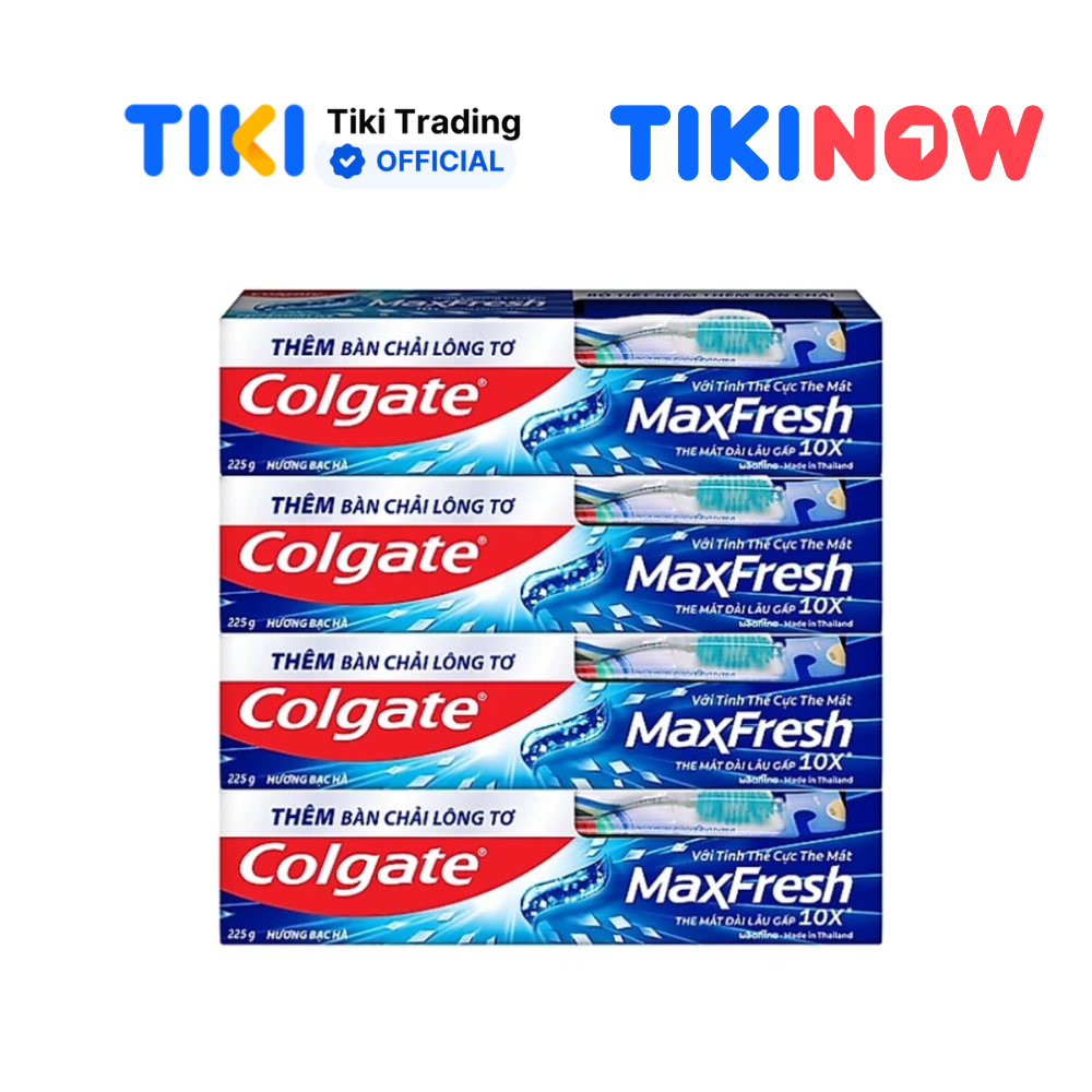 Bộ 4 Kem đánh răng Colgate bạc hà the mát Maxfresh 225g/tuýp tặng bàn chải đánh răng lông mềm