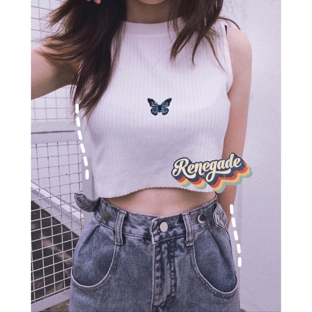 Áo Croptop Áo Ba Lỗ Nữ Thêu Bướm Xinh Xắn Chất Thun Cotton Mát Lịm