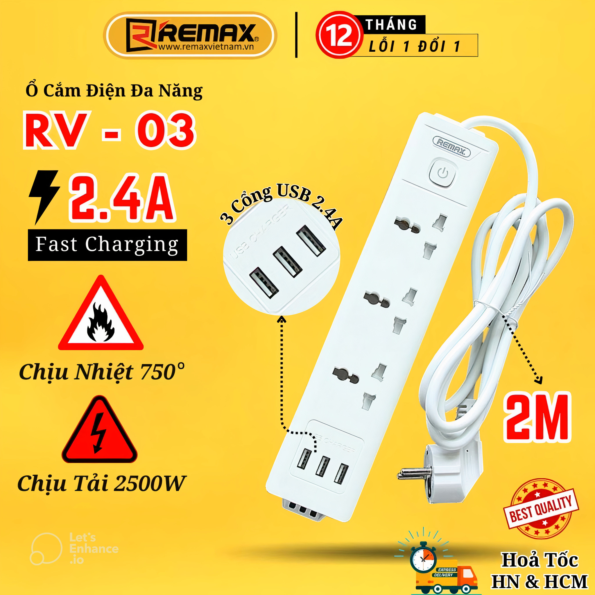 Ổ cắm điện đa năng Remax có 3 cổng USB Remax RV-03 lỗ cắm tải 2500W an toàn chống giật, chịu nhiệt - Hàng Chính Hãng