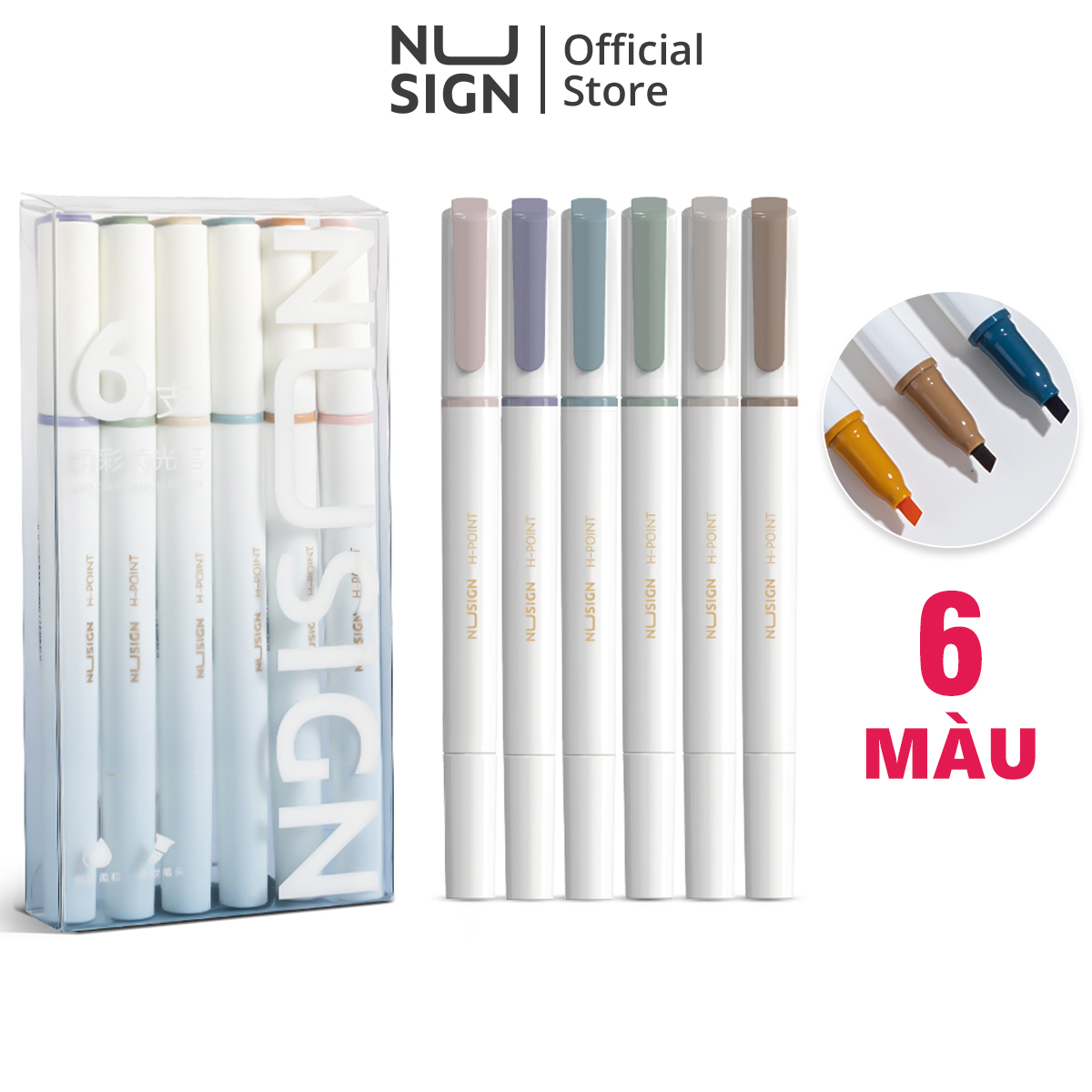 Set 6 bút highlight 2 đầu nhớ dòng đánh dấu màu pastel tươi sáng cute Nusign Deli dạ quang tiện lợi cho học sinh văn phòng