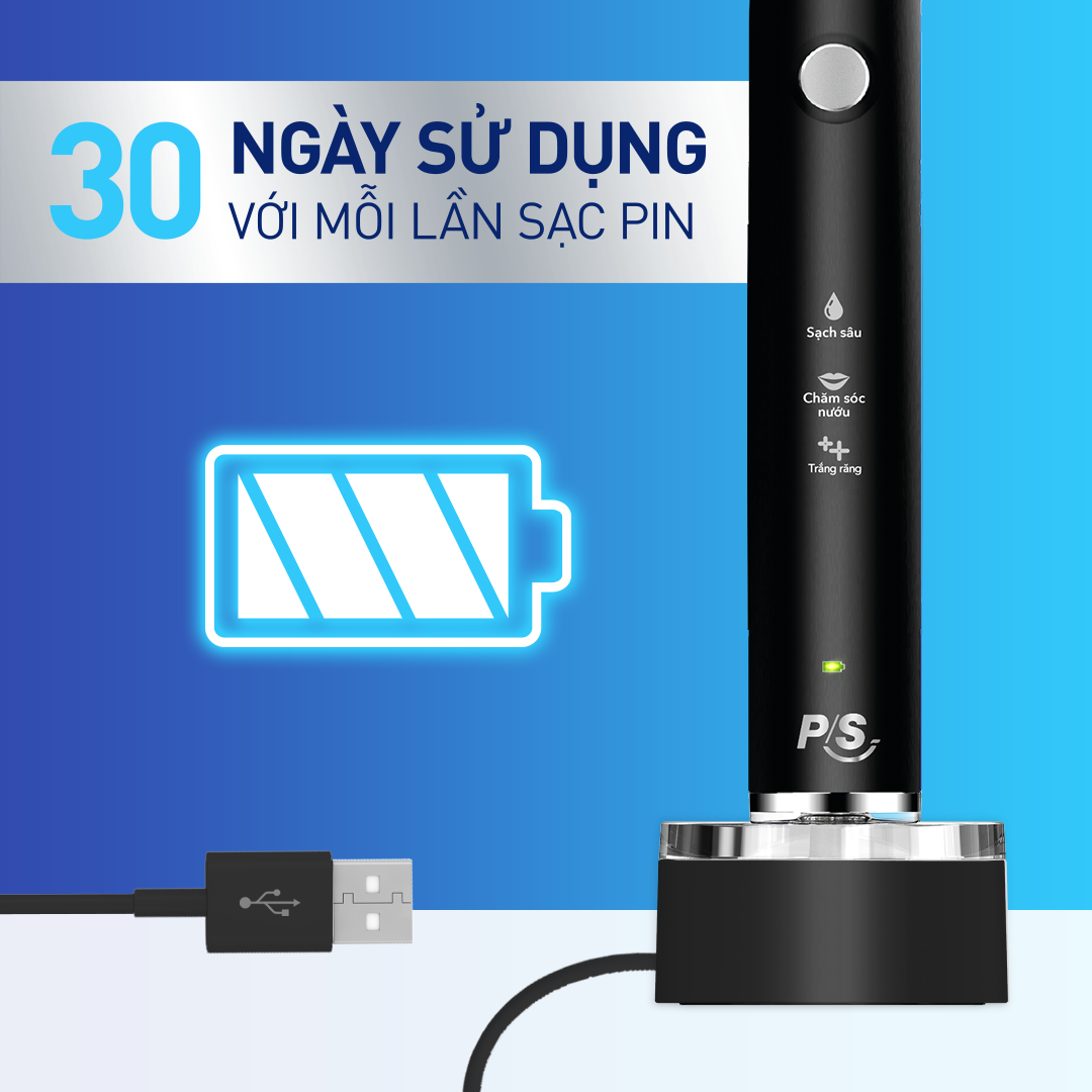 Bàn Chải Điện P/S S100 PRO Trắng Răng Công Nghệ Sóng Âm Đen Nhám Chải Sạch Mảng Bám Tới 10X 1 Bộ