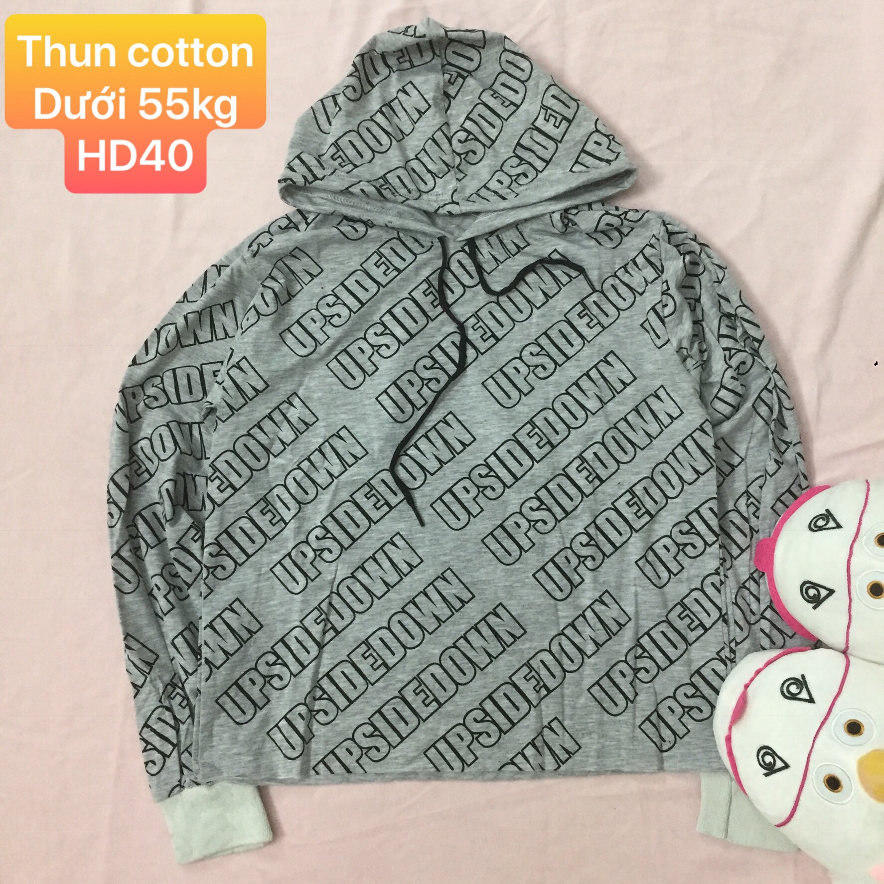 Áo hoodie nữ chất thun cotton 4c in full chữ UPSIDEDOWN. Ảnh thật trải sàn
