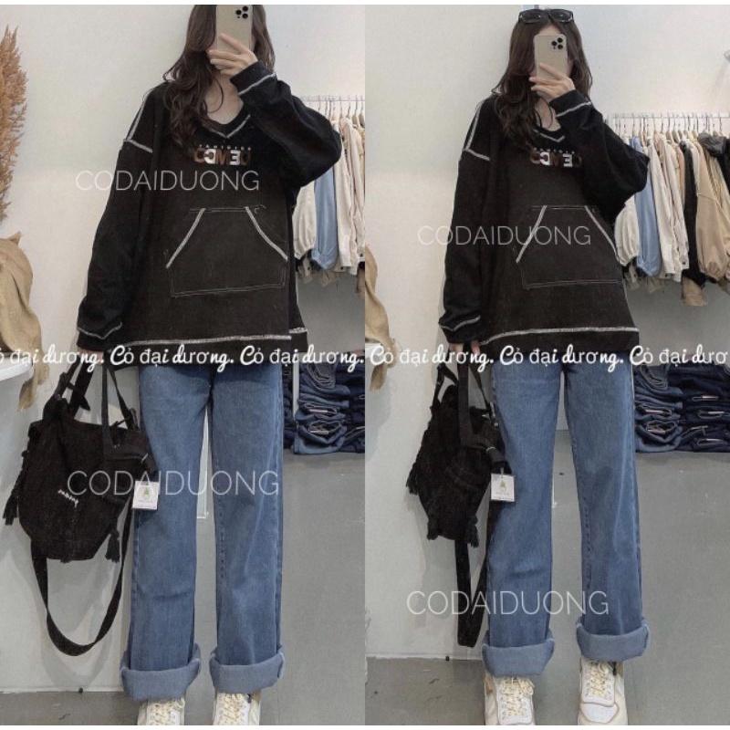 Áo swt nỉ cổ tròn cotton tay bồng ------- ÁO NỈ CỔ V THÊU CHỈ NỔI DEMCO