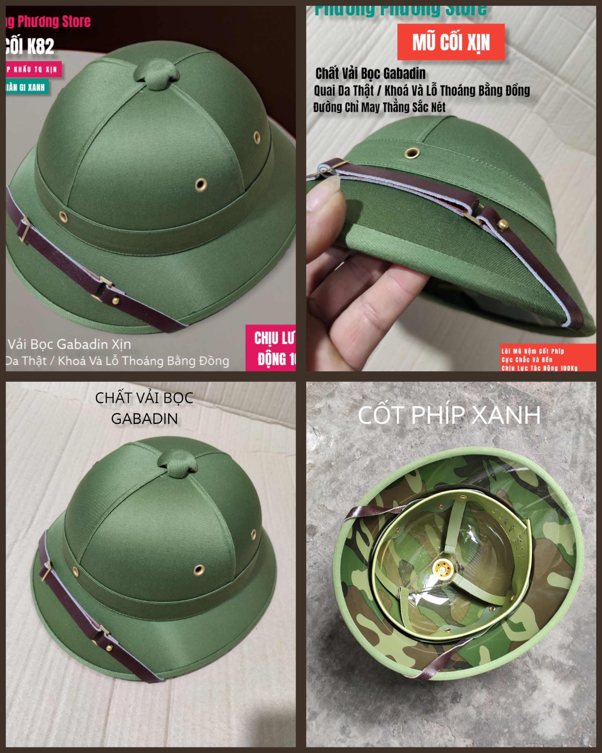 MŨ CỐI ARMY K82 XỊN MŨ CỐI VẢI BỌC GABADIN QUAI DA THẬT LÒNG CỐT PHÍP GIÀN GI XANH