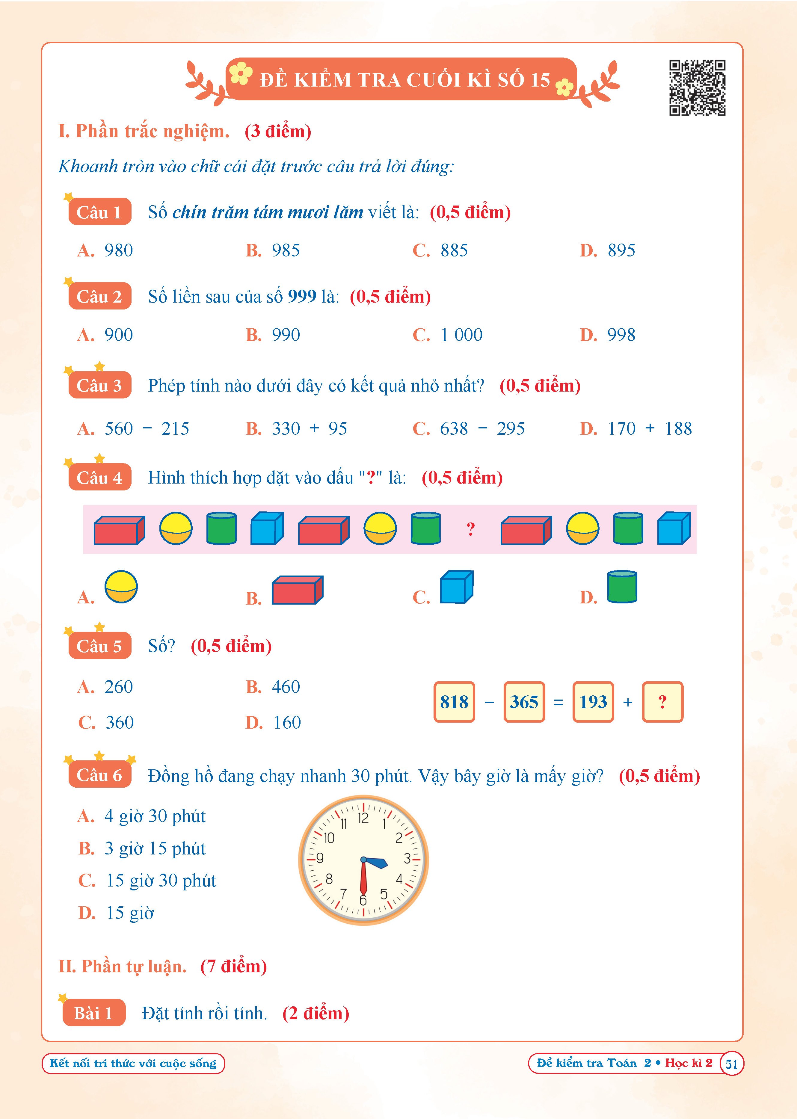 Đề Kiểm Tra Toán Lớp 2 - Kết Nối Tri Thức