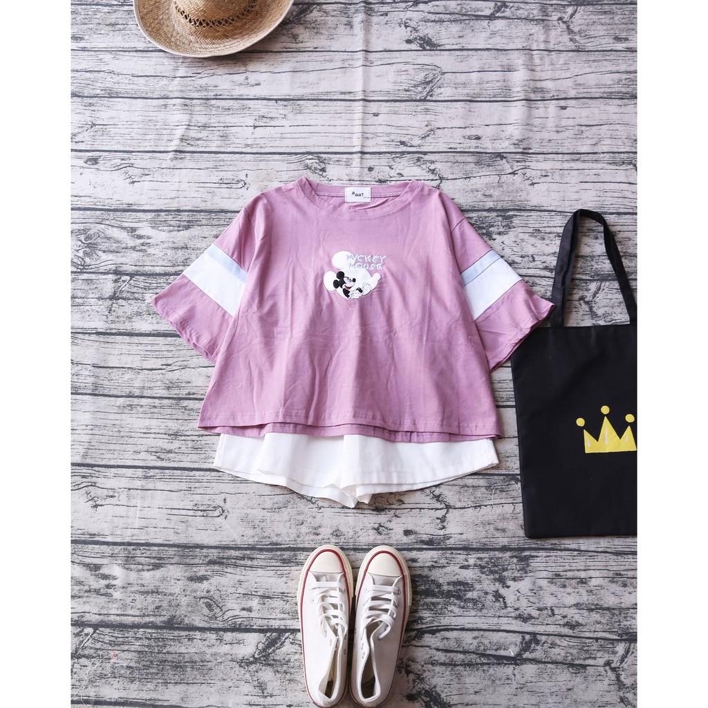 ÁO THUN THÊU HOẠT HÌNH PHỐI TAY MÀU