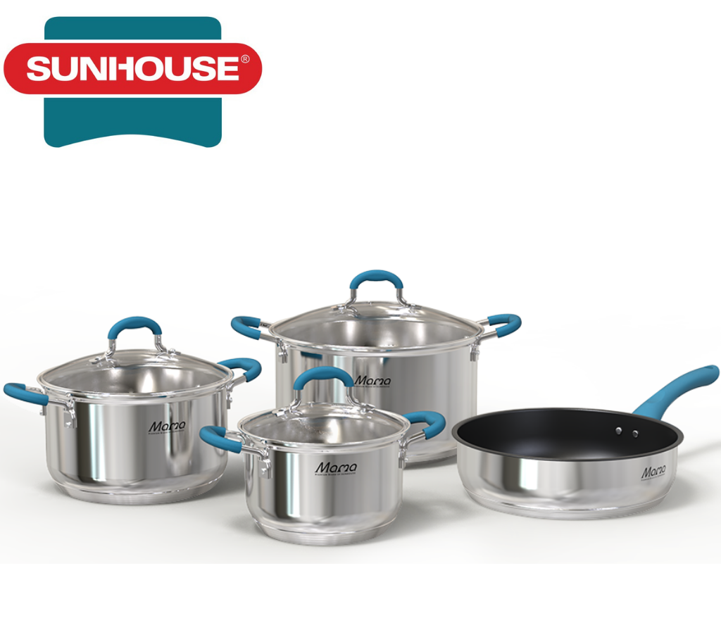 Bộ nồi chảo inox 5 đáy SUNHOUSE MAMA SHG506 size nồi 16-20-24 - chảo 24cm dùng trên mọi loại bếp