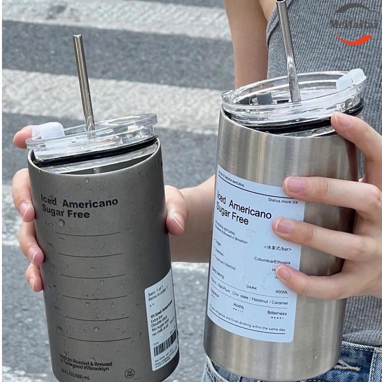 Ly Giữ Nhiệt Inox Hình Trụ, Cốc Nước Giữ Nhiệt Đựng Cà Phê Inox Không Gỉ Có Kèm Ống Hút Tiện Lợi 600Ml
