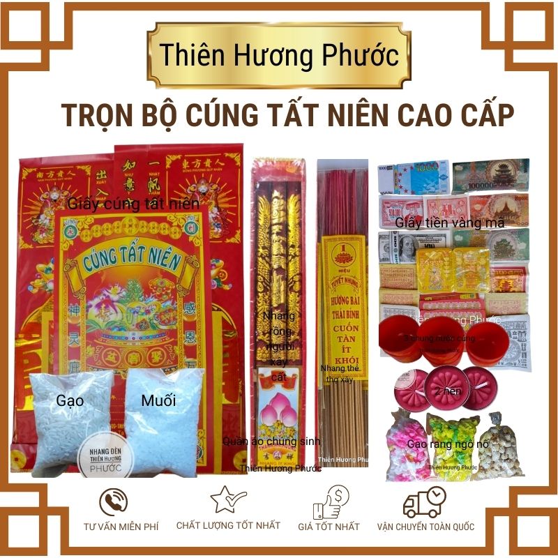 Cúng tất niên cao cấp gồm giấy tiền vàng nhang đèn bánh ngô gạo muối 3 ly nước