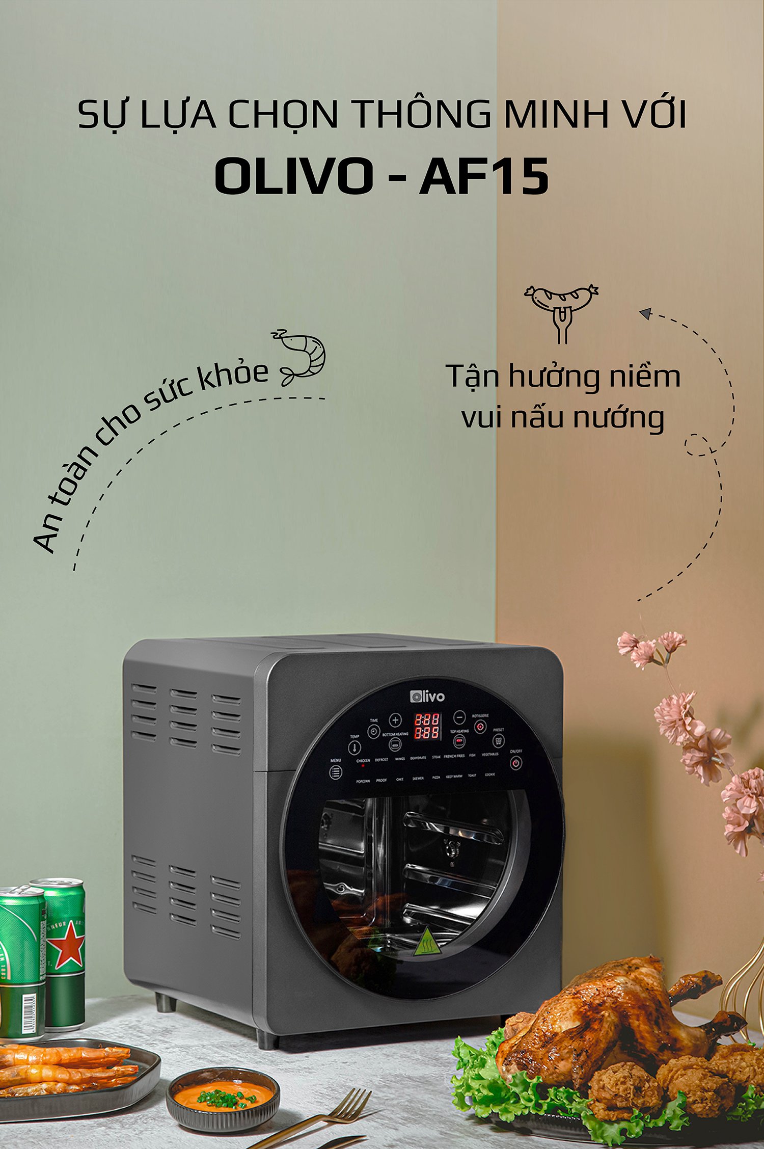 Nồi Chiên Không Dầu OLIVO AF15 - Hàng Chính Hãng - 16 Chức Năng - Dung Tích 15L - Công Suất 2000W - Thương Hiệu Mỹ