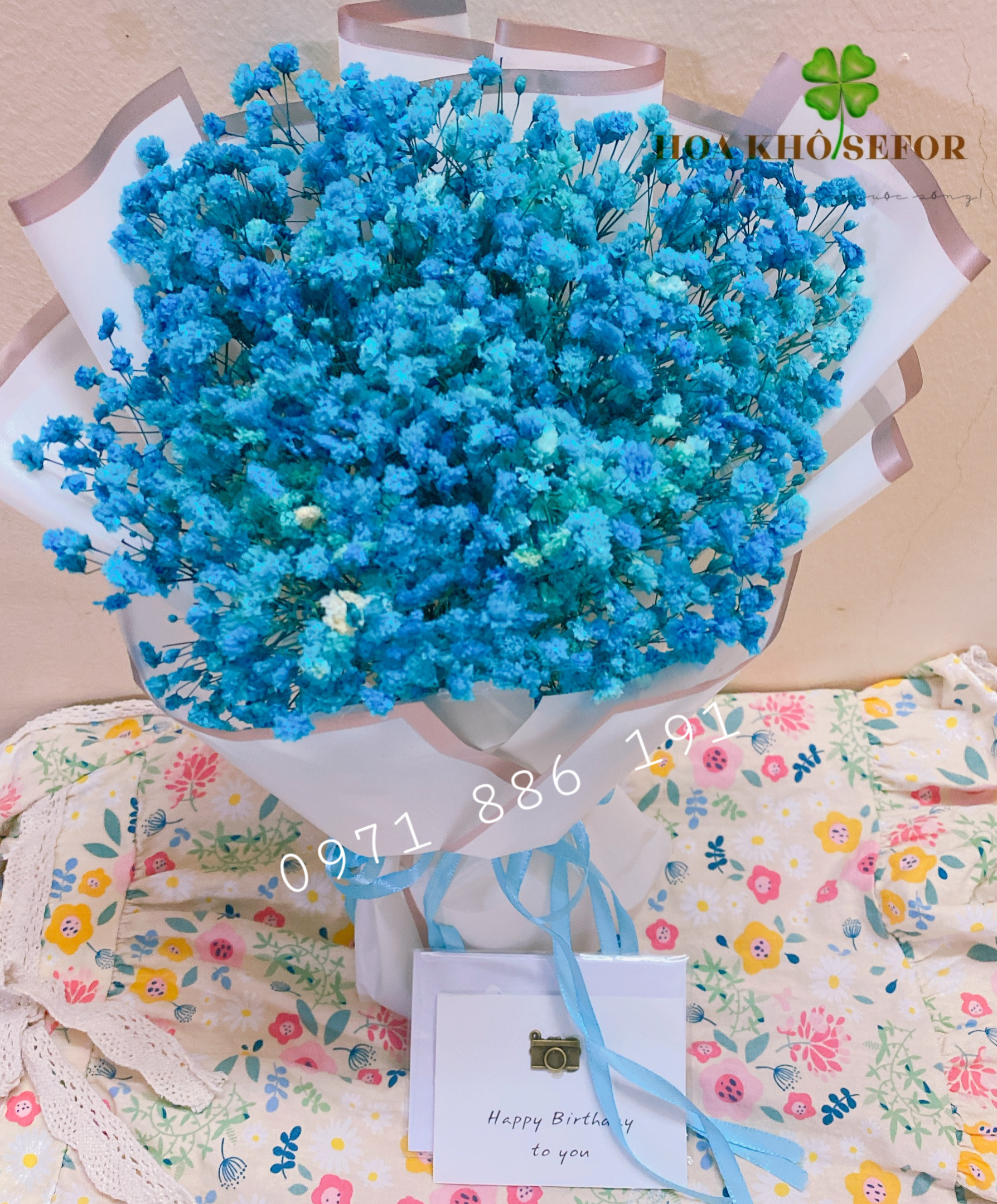 Bó hoa baby khô màu xanh dương (cao ~33-35cm)