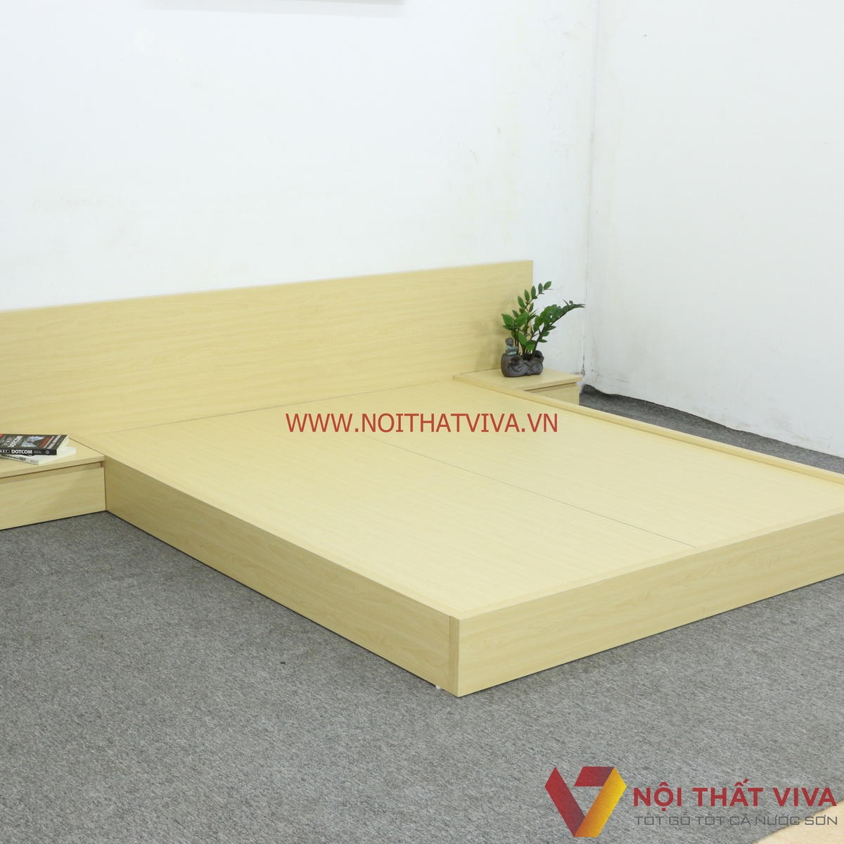 Giường Nhật Gỗ Công Nghiệp MDF Melamine Màu Vàng Kem Đẹp Hiện Đại