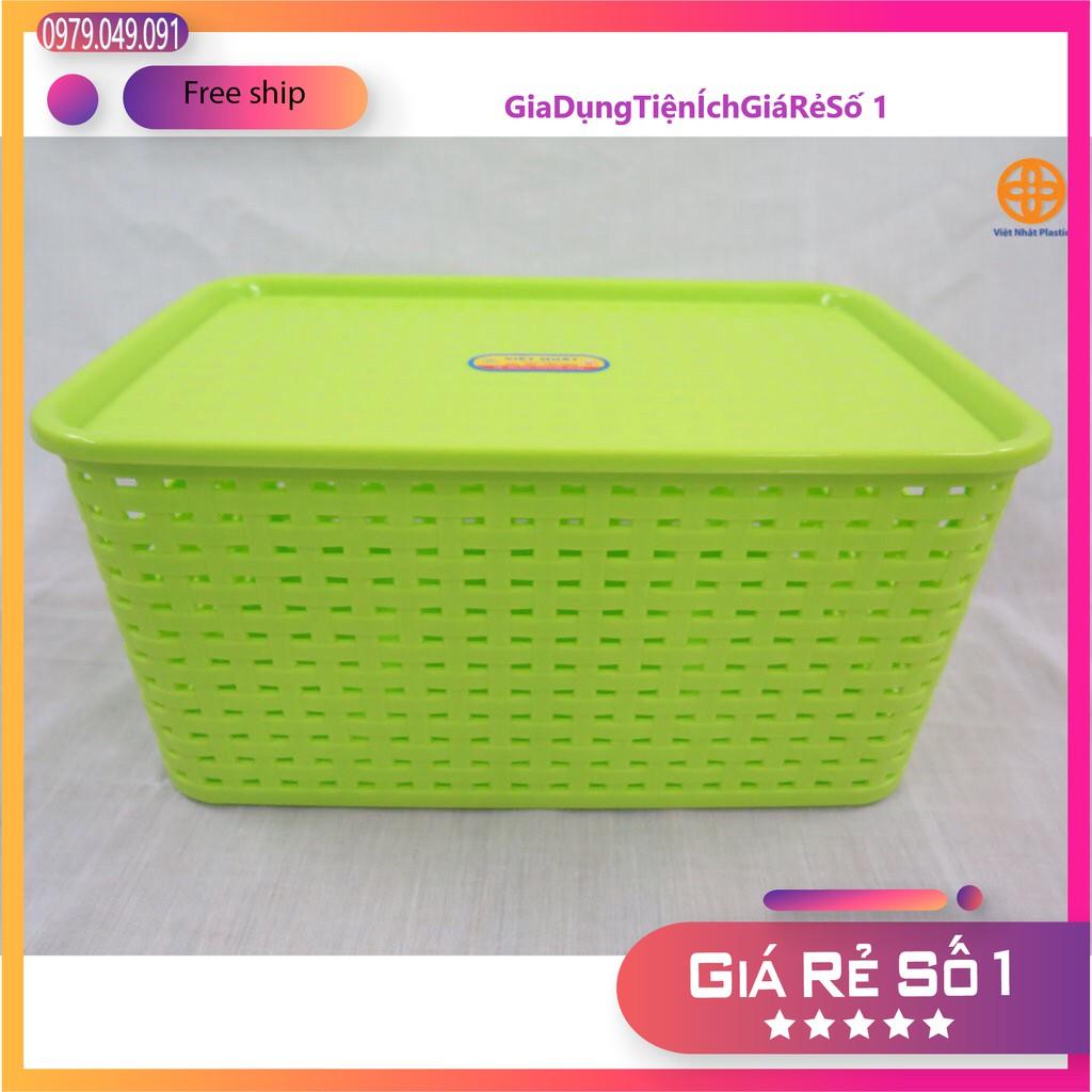 Combo 2 giỏ nhựa đan giả mây đựng đồ kiểu Hàn Quốc có nắp size đại