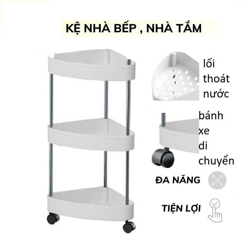 Kệ nhà bếp, kệ nhà tắm tam giác đa năng tiện lợi 4 tầng - Có bánh xe đẩy - kệ đựng đồ đa năng có bánh xe di chuyển