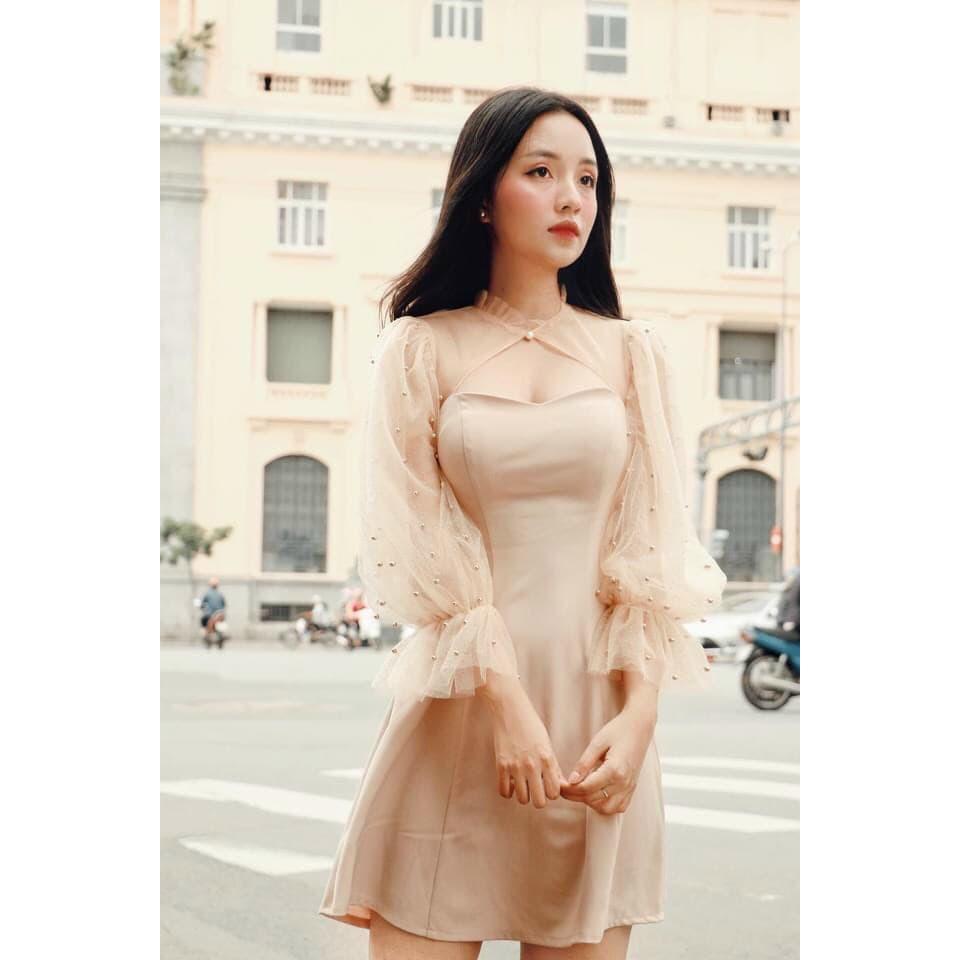 Đầm nữ tay dài phối lưới cổ tàu thời trang dự tiệc dạo phố