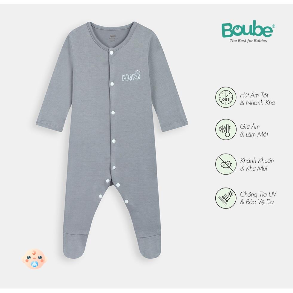 Bộ liền thân cài thẳng dài tay màu ghi Boube - Chất liệu Petit thoáng mát - Size Newborn