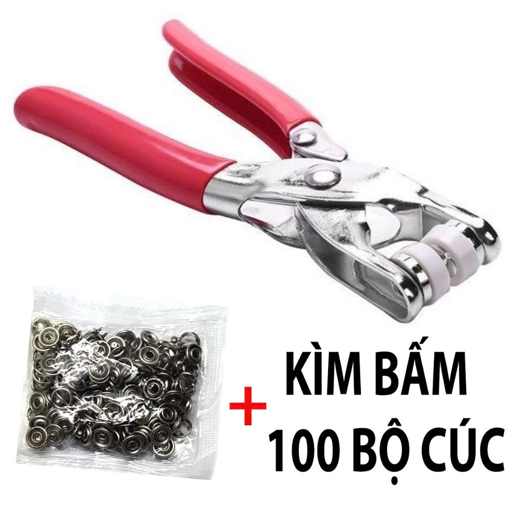 Cây Kìm Bấm Cúc Vành Áo Kim Loại Đa Năng Bộ Kìm Bấm Khuy Kèm 100 Cúc Bấm 9.5mm Thép Không Gỉ, Khoen Quần Áo Tiện Lợi