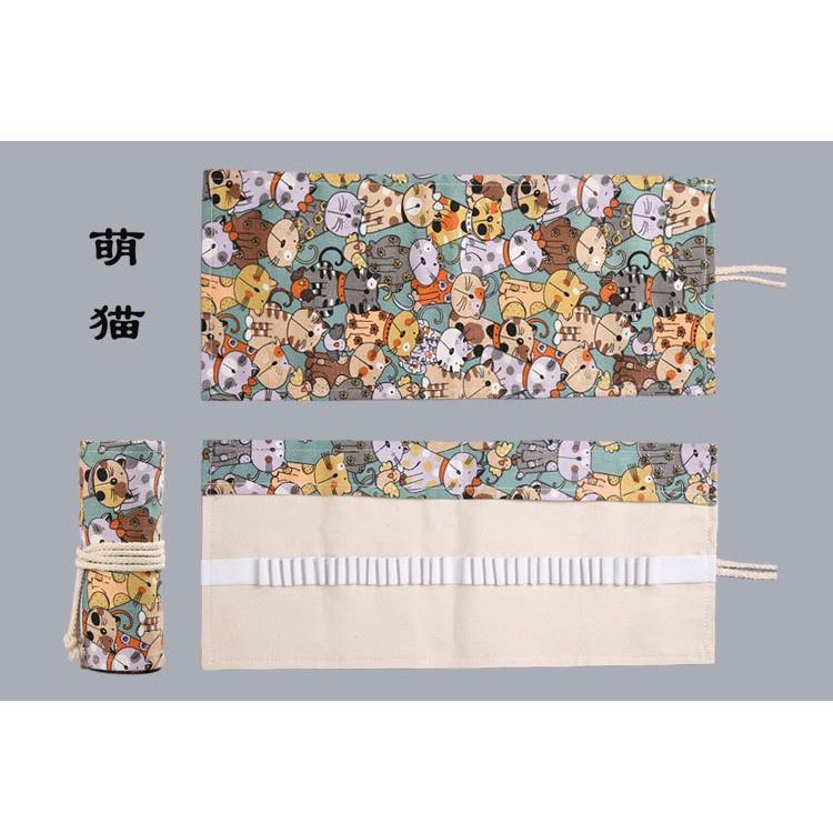 Túi đựng bút dạng cuộn vải cotton, phong cách vintage hình mèo PK617