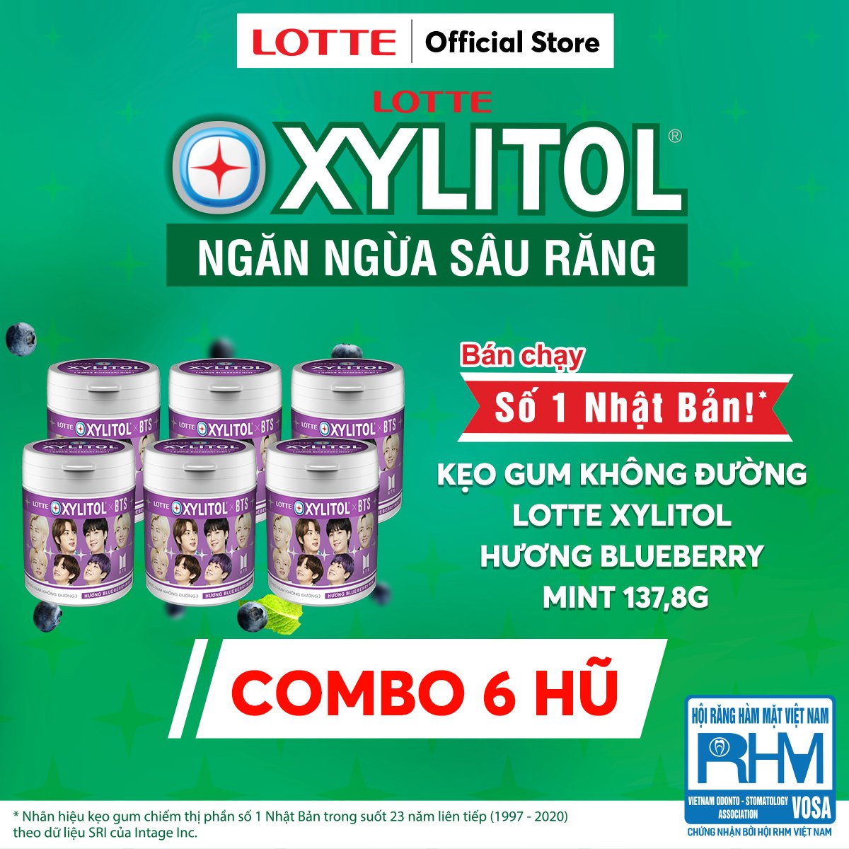 Combo 6 hũ Kẹo Gum không đường Lotte Xylitol - Hương Blueberry Mint 130,5 g