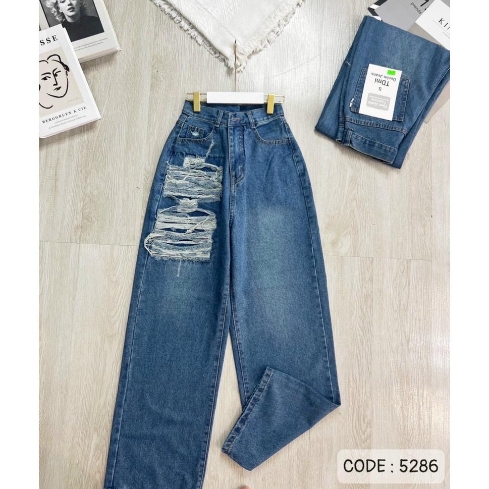 Quần Jeans Nữ Ống Rộng Cào Rách 1 Mảng Bên Túi, Quần Bò Ống Rộng Rách Lưng Cao Xanh Đậm Siêu Phá Cách 311