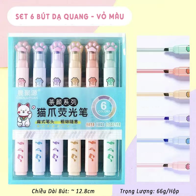 SET 6 CÂY BÚT DẠ QUANG HIGHLIGHT HÌNH CHÂN MÈO