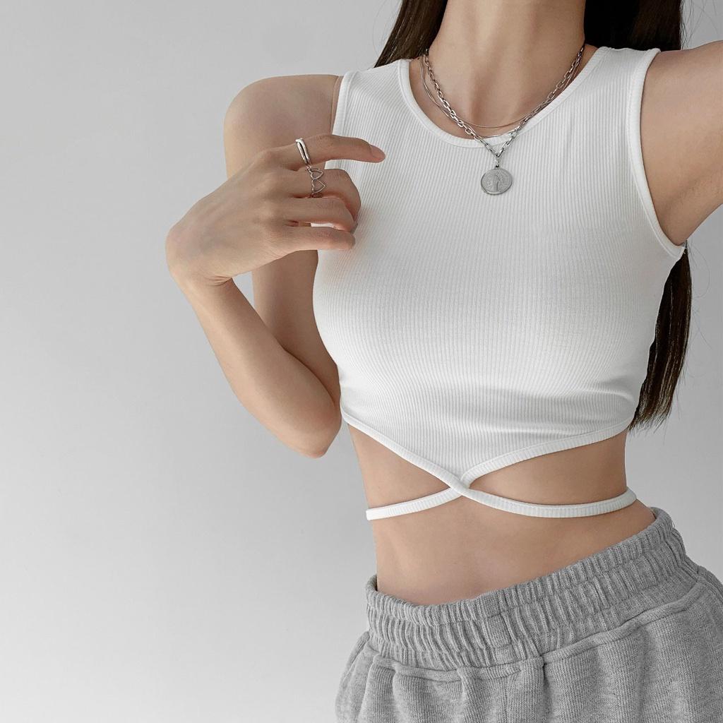 Áo ba lỗ nữ buộc eo HAGA áo sát nách nữ croptop cổ tròn dây buộc nơ lưng ASNBE12