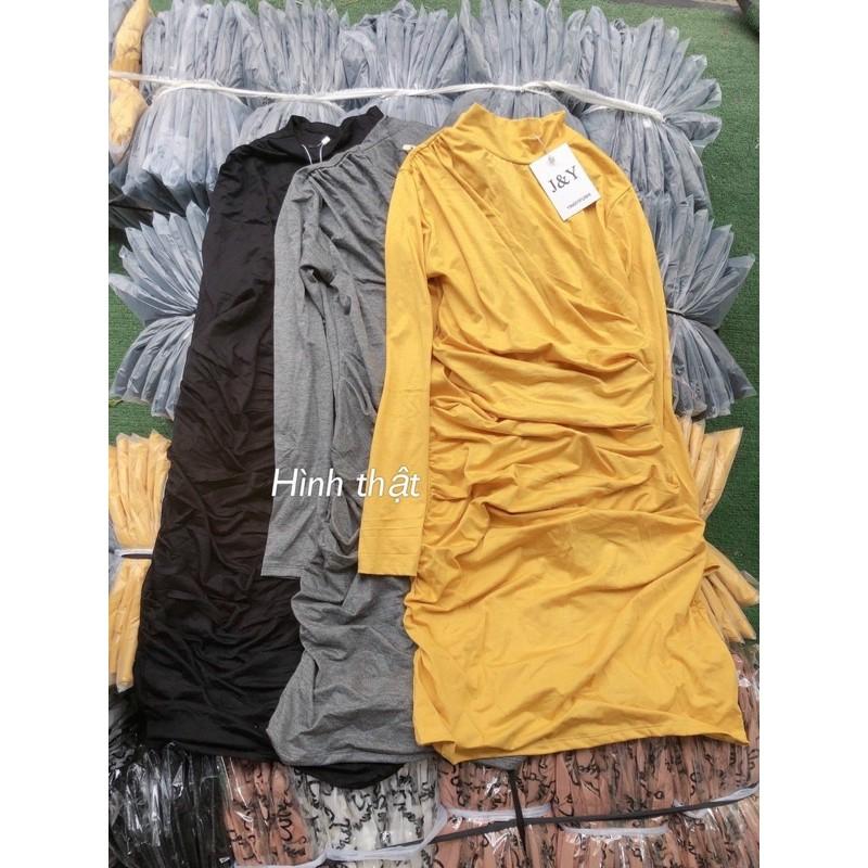 Đầm body nhún eo tay dài cổ lọ hàng cao cấp thun lụa co giản siêu tốt mịn-T0B