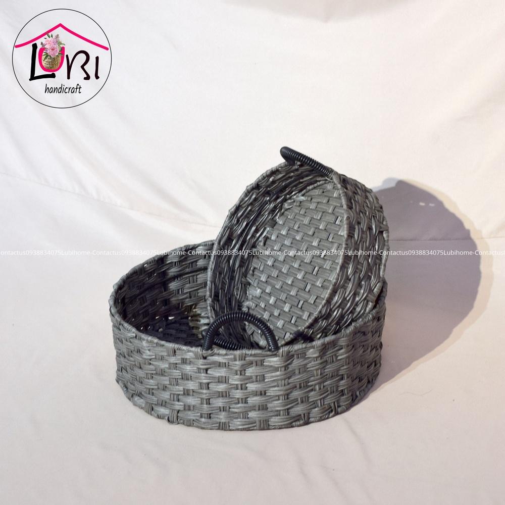 Lubihandicraft - Khay tròn đựng đồ đan dây nhựa quai cầm đen - xinh xắn