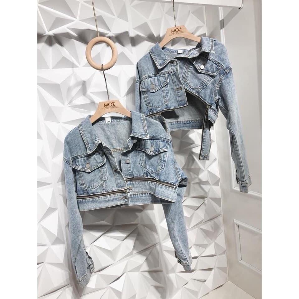 Áo khoác jean nữ lửng croptop HOTTREND phối dây kéo cao cấp- chất denim chuẫn hàng shop . MET SHOP