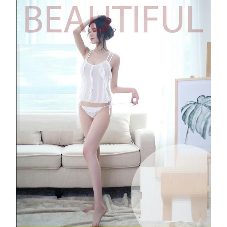 Bộ Đồ Ngủ Sexy Viền Bèo Dọc CDAN63 - Trắng