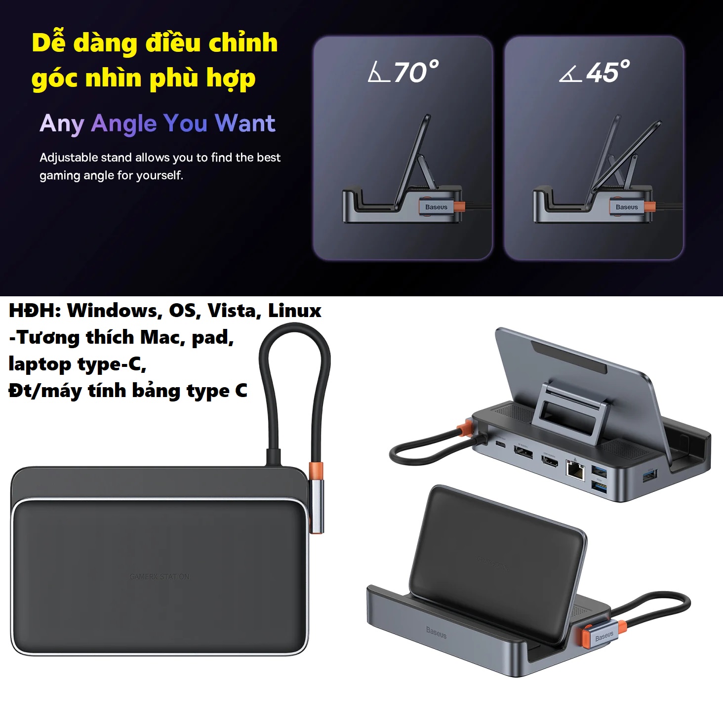 Hub C đa năng mở rộng cổng Macbook và laptop type C ra 7 cổng Baseus GamerX Bs-OH116 _ Hàng chính hãng