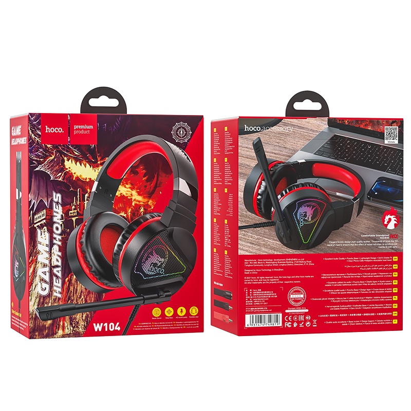 Tai Nghe Chụp Tai Gaming HOCO W104, Có Micro Và Xbox PS4, Đèn LED Ngầu, Quyến Rũ Headphone Chơi Game, Có Dây - Hàng Chính Hãng.