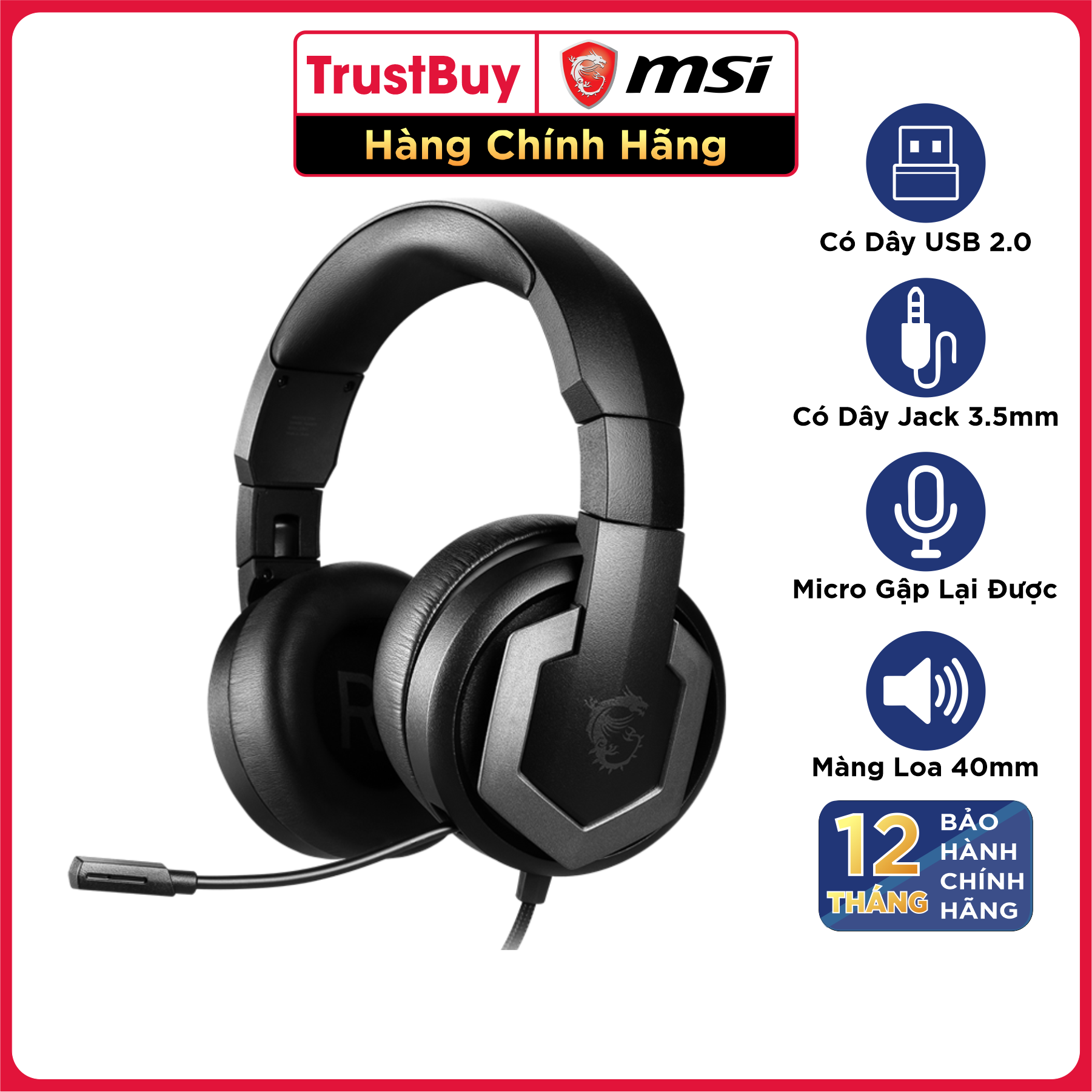 Tai Nghe Chụp Tai Gaming MSI Immerse GH61 Âm Thanh 7.1, Tích Hợp Mic, Dây Cắm USB 1.2M Và Dây 3.5mm 1M - Hàng Chính Hãng